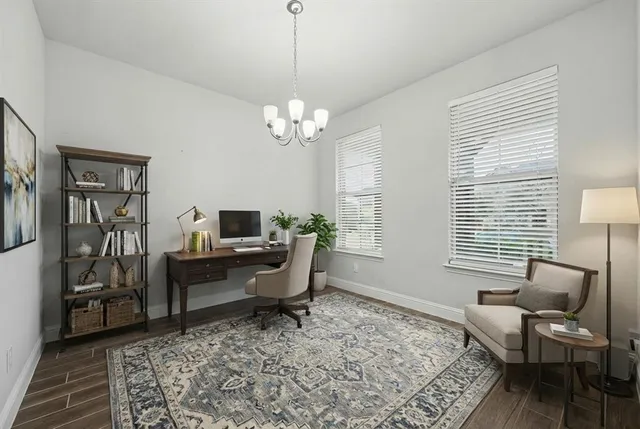 a workspace with wooden floor