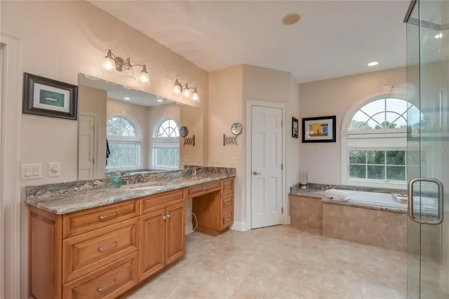 a view of a park with large trees