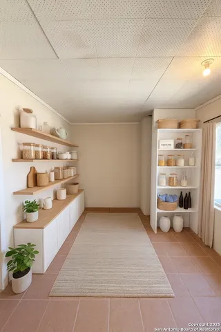 a view of a room with shelves