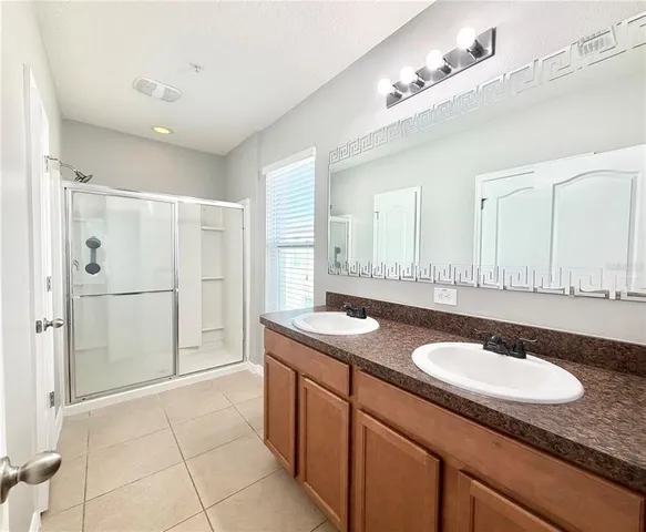 a bathroom with a granite countertop sink mirror and a shower