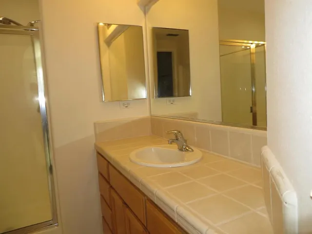 a bathroom with a sink and a mirror