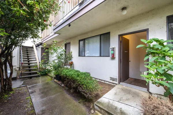 a house with potted plants in front of door