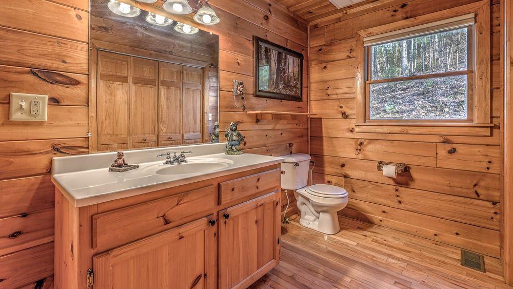 348 The Forest Has Eyes Blue Ridge, GA 30513 - Photo 9 of 49 a bathroom with a toilet a sink and a large mirror