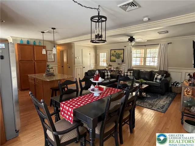 a view of a dining room with furniture