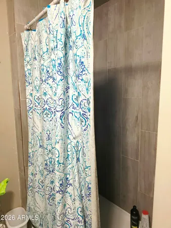 a bathroom with a shower curtain and a toilet