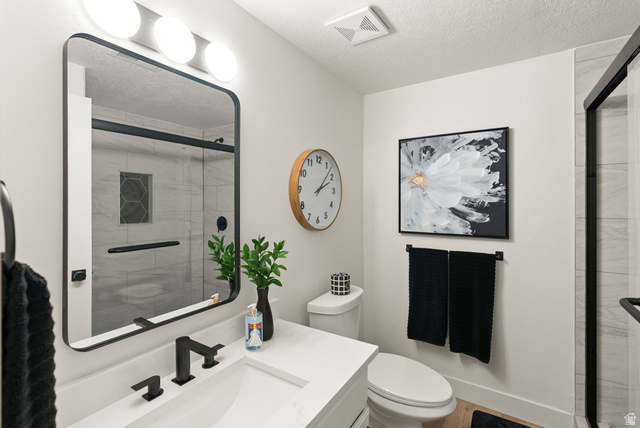 368 Spring Creek Road Providence, UT 84332 - Photo 30 of 45 Full bathroom featuring vanity, a textured ceiling, and a shower stall