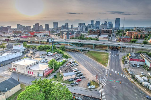 a city view with tall buildings