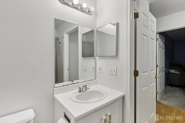 a bathroom with a sink and a mirror