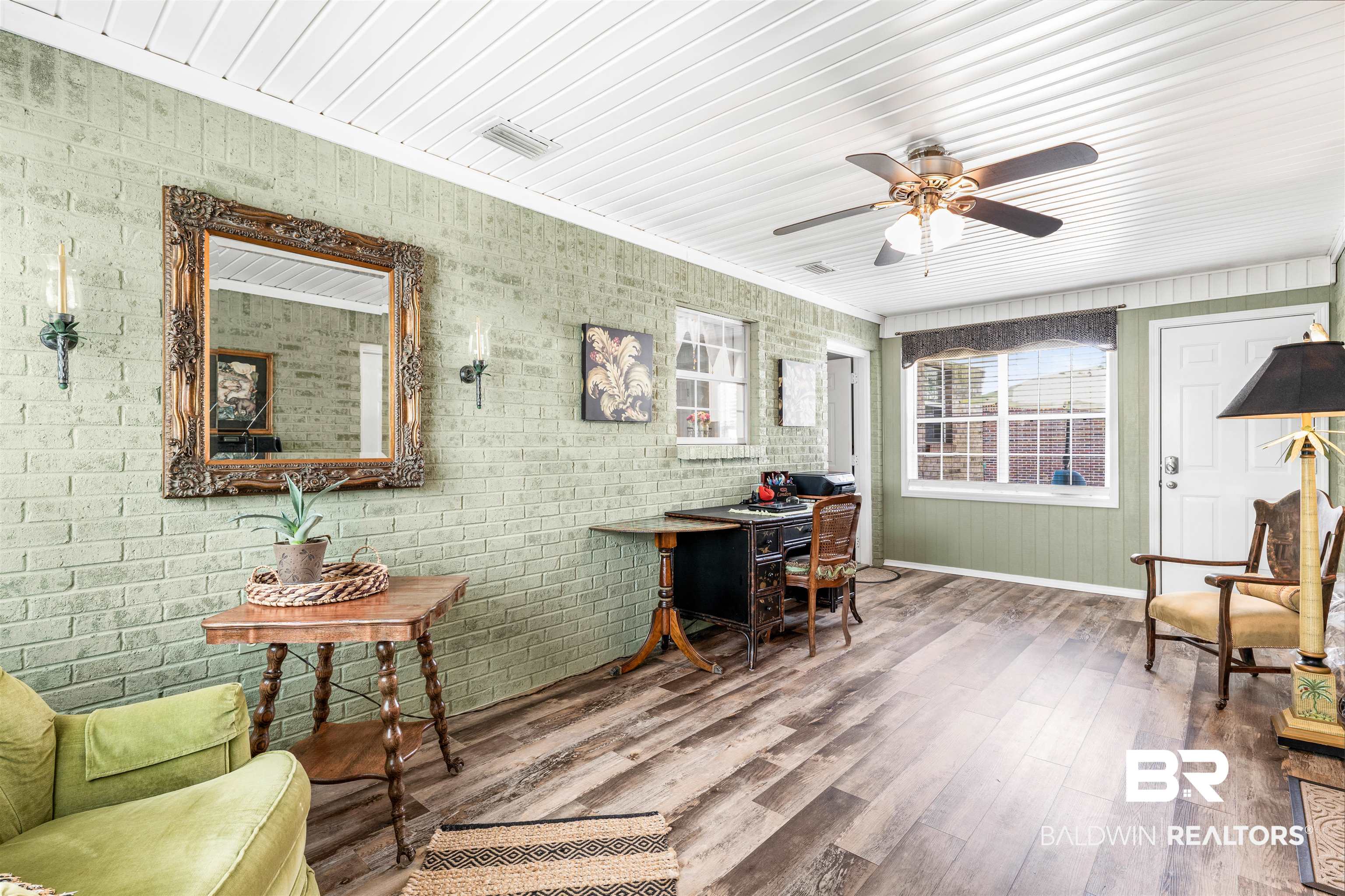 518 Ariel Avenue Foley, AL 36535 - Photo 33 of 47 Interior space with wood ceiling, brick wall, ceiling fan, and wood-type flooring