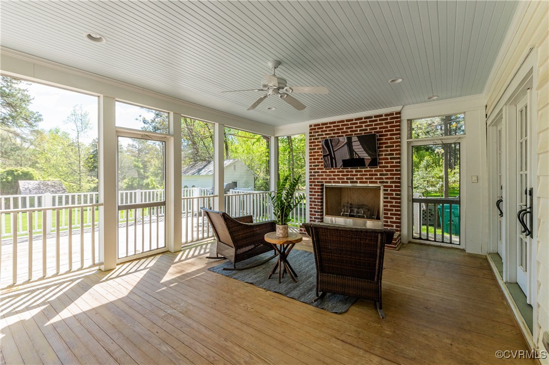 603 Manakin Road Manakin-Sabot, VA 23103 - Photo 37 of 48 Sunroom featuring a brick fireplace and a ceiling