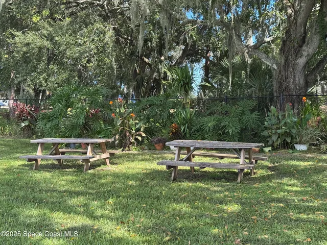 a view of a bench in a garden