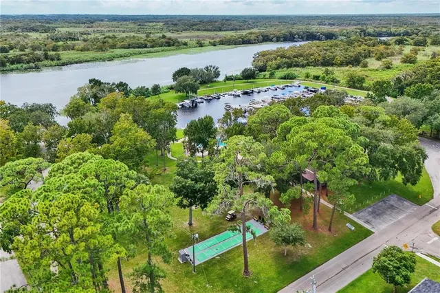 an aerial view of a golf course with a garden