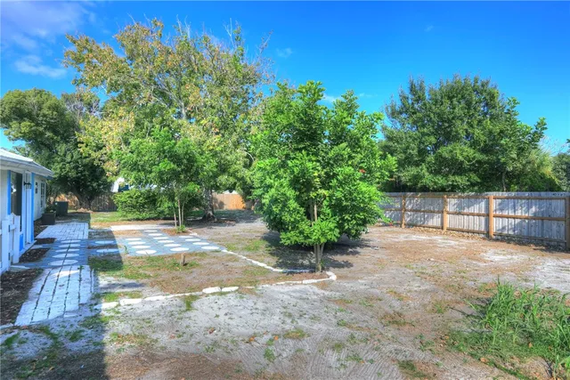 a view of a yard with plants and trees