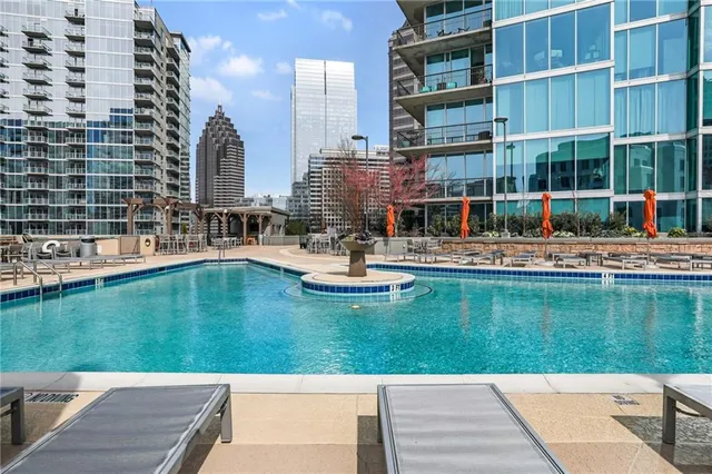 a swimming pool with outdoor view