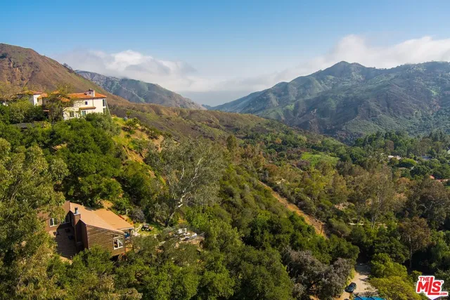 a view of a house with a mountain and a forest