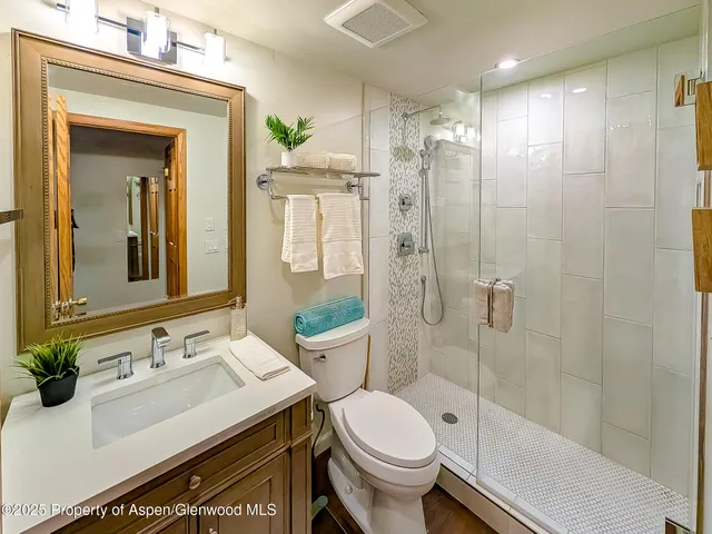 a bathroom with a sink toilet and shower