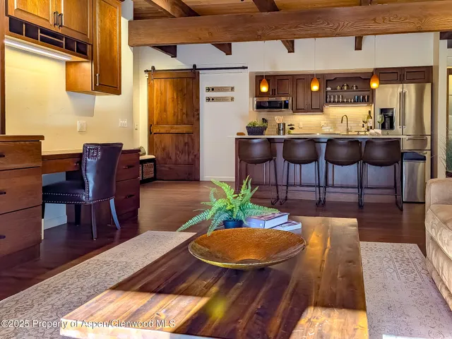 a view of a dining room with furniture