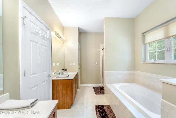 a bathroom with a tub sink and a mirror