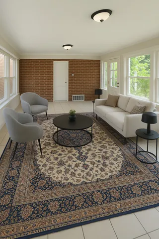 a living room with furniture and a rug