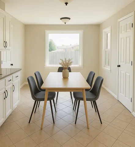a dining room with furniture and window