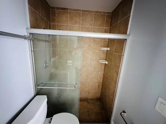 a bathroom with a shower and toilet