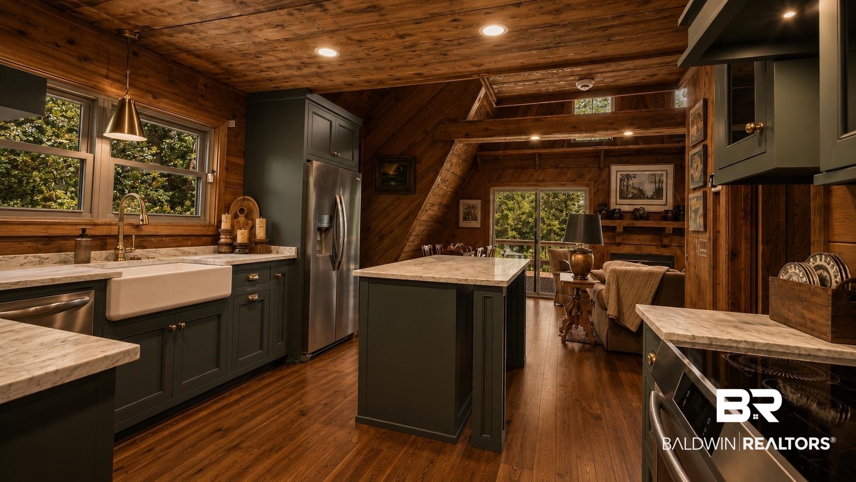 14587 Ridge Road Summerdale, AL 36580 - Photo 13 of 44 Open-concept kitchen featuring wood-finish flooring, exposed wood beam ceiling, dark cabinetry, light-toned countertops, and stainless steel appliances