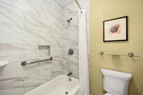 a bathroom with a shower and a toilet