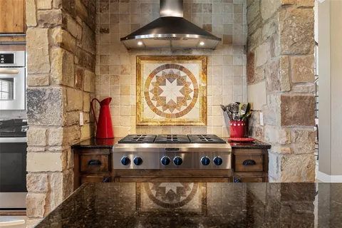 a room with a stove and a table