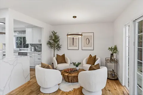 a living room with furniture and a potted plant