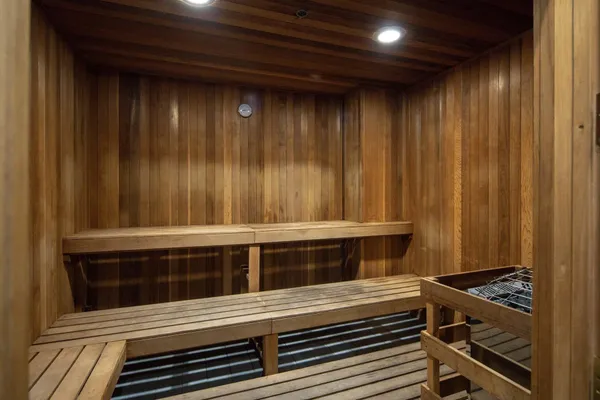 a view of a room with wooden walls