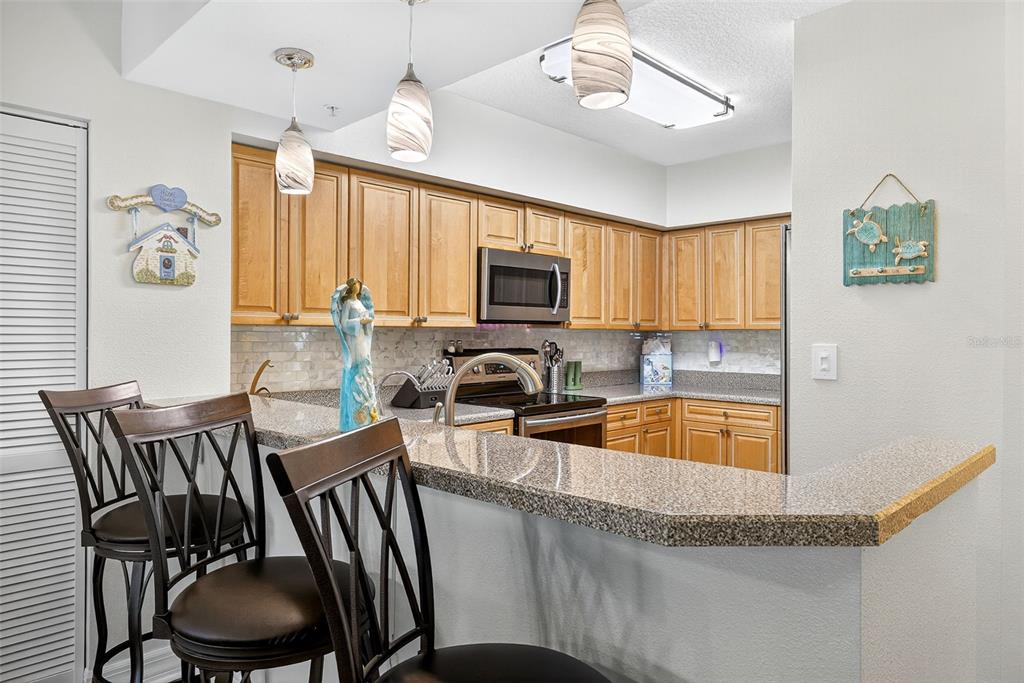 4516 Seagull Drive, Unit 519 New Port Richey, FL 34652 - Photo 8 of 54 a kitchen with granite countertop lots of stainless steel appliances granite countertop a stove a sink a dining table and chairs with wooden floor