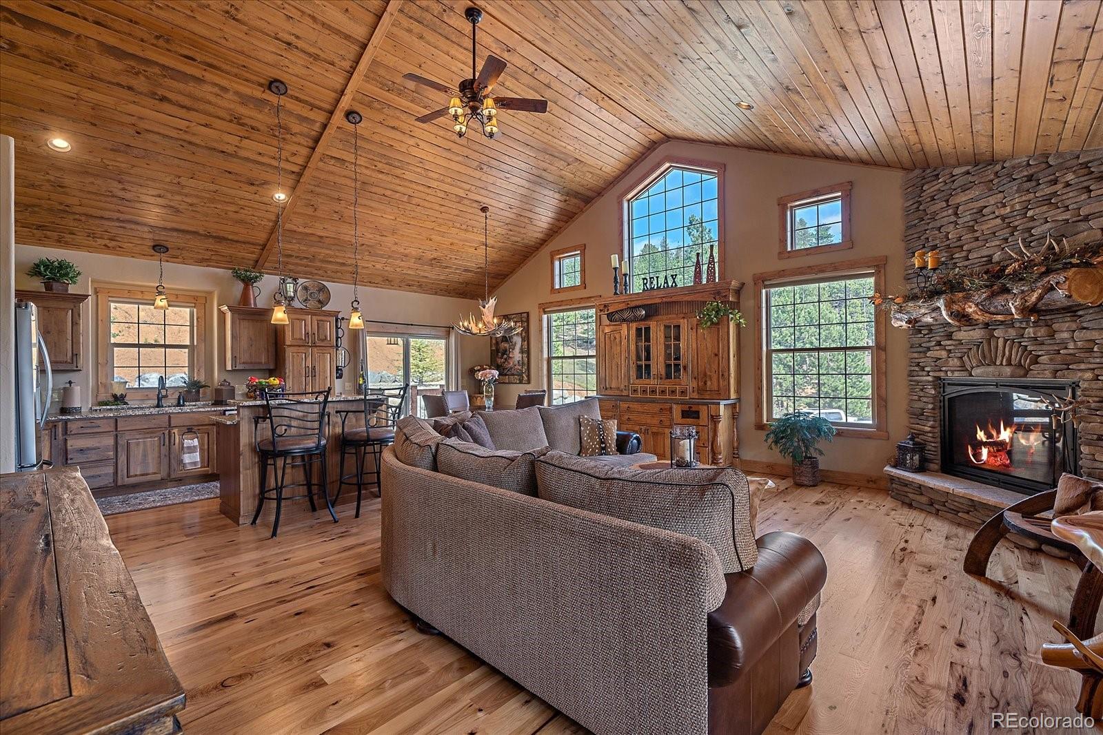2894 County Road 43 Bailey, CO 80421 - Photo 7 of 48 a living room with furniture fireplace and a flat screen tv