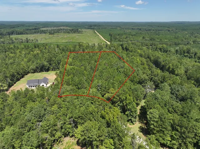an aerial view of residential house with outdoor space and trees all around