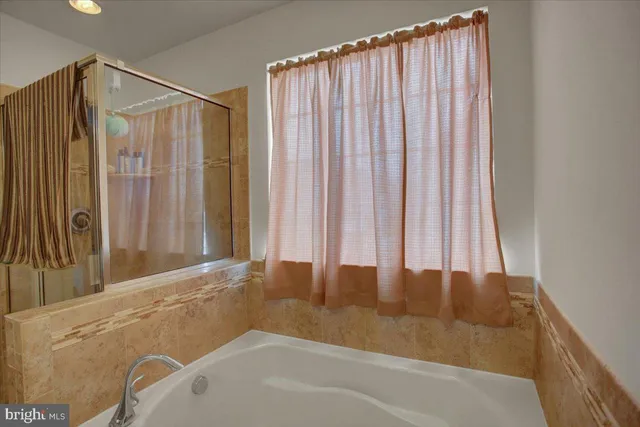 a bathroom with a bathtub and a shower