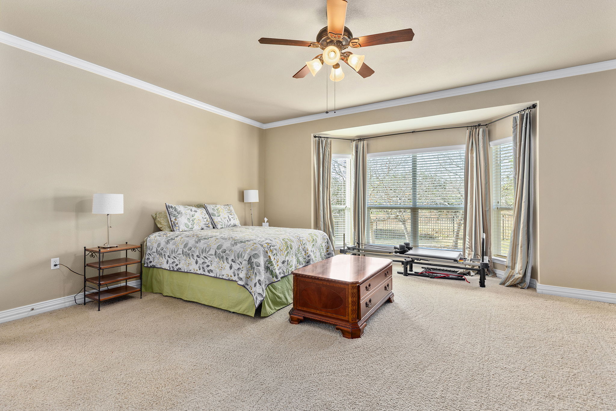 110 Emory Peak Trail Georgetown, TX 78633 - Photo 20 of 39 Bedroom with ornamental molding, carpet floors, and a ceiling fan