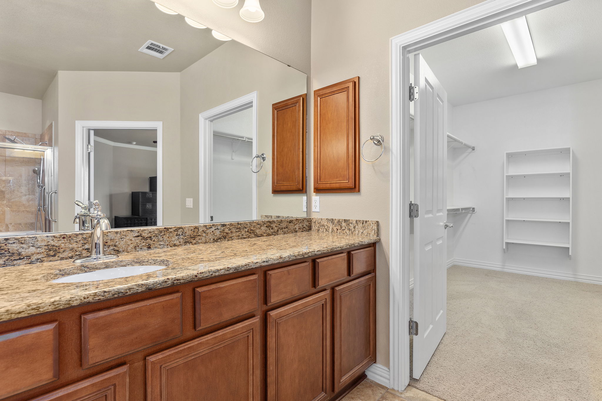 110 Emory Peak Trail Georgetown, TX 78633 - Photo 25 of 39 Bathroom with a walk in closet, vanity, light colored carpet, and a stall shower