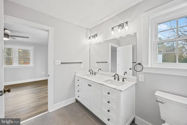 a bathroom with a double vanity sink mirror and toilet