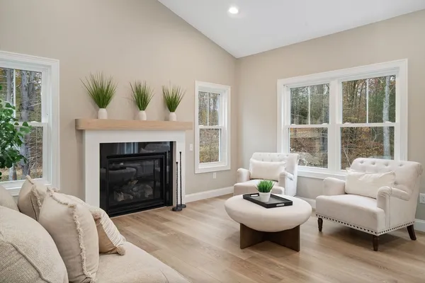 a living room with furniture and a fireplace