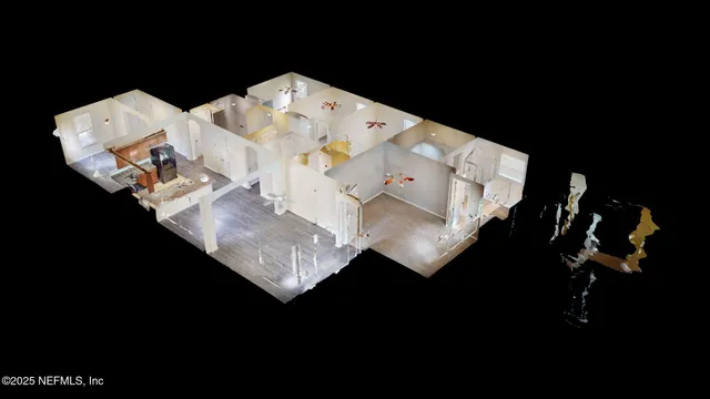 a wooden bench sitting in a kitchen