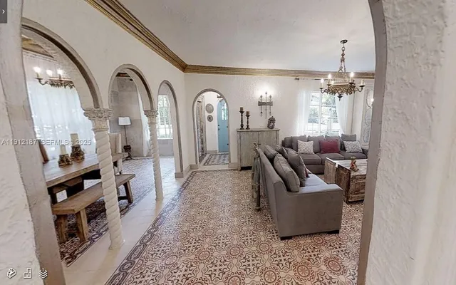 a view of a dining room with furniture