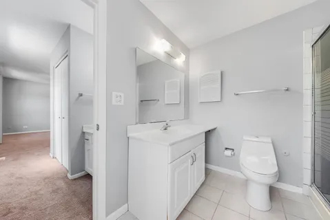 a bathroom with a sink toilet vanity and shower