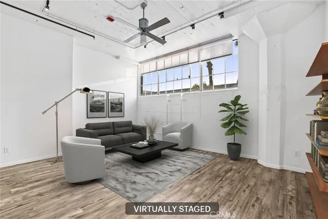 a living room with furniture and a potted plant