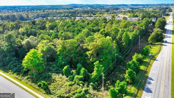 a aerial view of a house with a yard and large trees