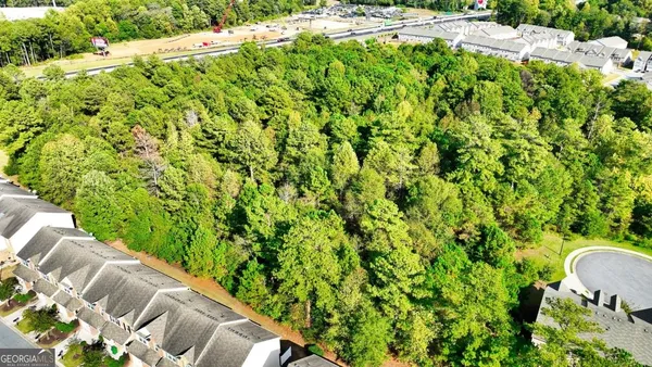 a view of a lush green forest with lots of trees