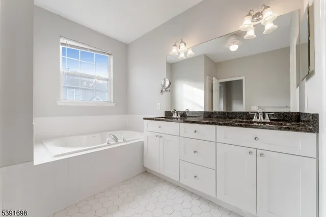 a bathroom with a tub a double vanity sink and a mirror