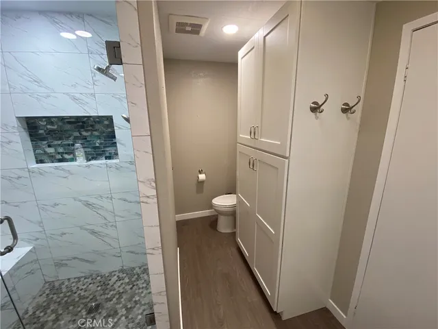 a bathroom with a shower and a toilet