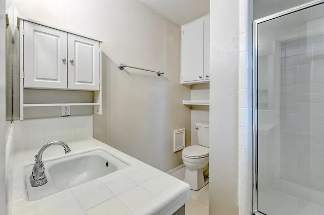 a bathroom with a sink a toilet and shower