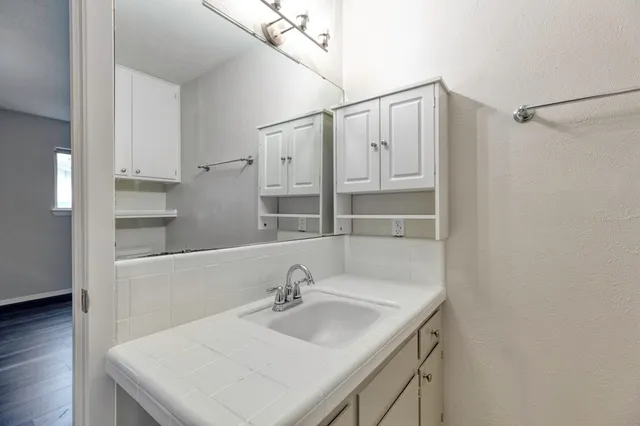 a bathroom with a sink and a mirror