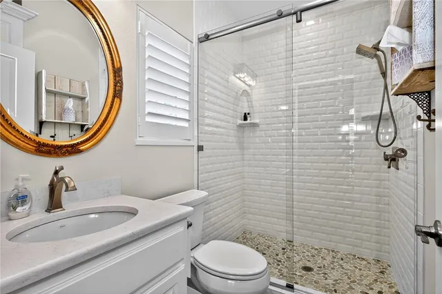 a bathroom with a sink a mirror a toilet and shower