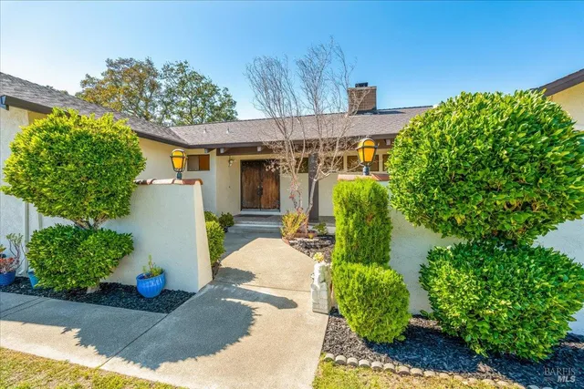 a view of a house with potted plants